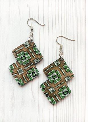 Серьги деревянные украинская вышиванка (принт 1.5)