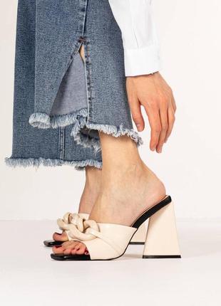 Жіночі літні мюлі з екошкіри на підборах бежеві 39 40 37