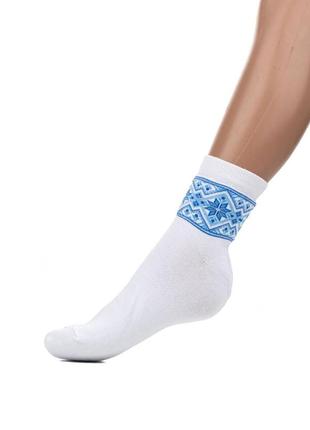 Женские носки белые с синей вышивкой набор 12 пар 23-25
