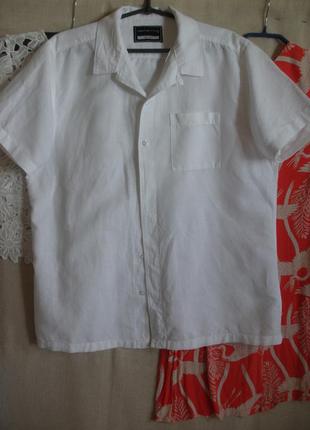 Льняная с хлопком свободная белая рубашка гавайка короткий рукав1 фото