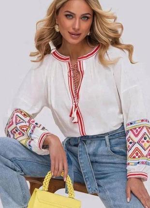 Розкішна бавовняна блуза вишиванка біла з вишивкою народна українська етнічна сорочка з орнаментом етно бохо національна святкова туреччина
