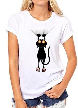 Позитивна футболка з ручним розписом фарбами кіт малюнок не принт1 фото