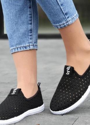 Мокасины, слипоны женские черные текстильные