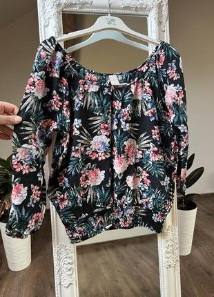 Стильная блуза с резинкой на талии легкая летняя блузка с цветами рукав 3/41 фото