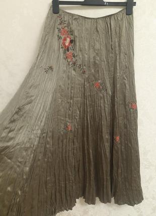 Нежная шелковая юбка с вышивкой жатка макси шелк 100%