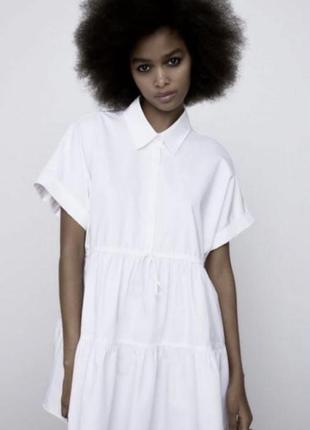 Белое короткое ярусное платье -рубашечного кроя из новой коллекции zara размер xs