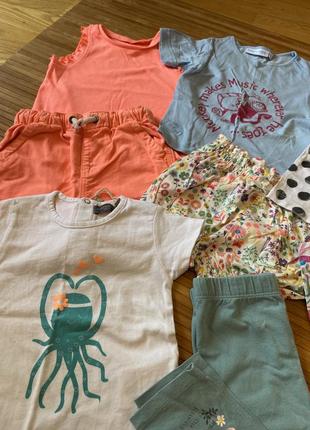 Летний пакет стильных вещей для девочки на лето, 9-12 месяцев, футболки, шорты, ромпер, костюм, лосины6 фото