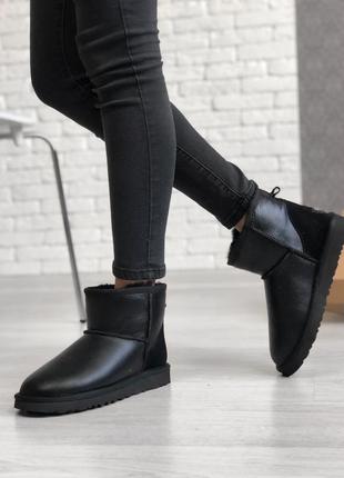 Зимние женские угги👣ugg short ii lether угги black👣кожаные чёрные уги/сапоги