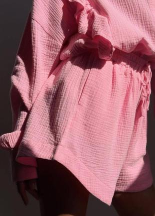 Костюм с шортами женский легкий летний на лето базовый повседневный нарядный розовый бежевый голубой оверсайз8 фото
