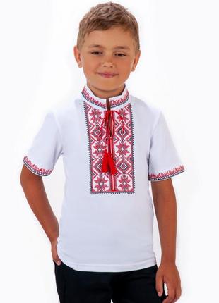 Вышиванка белая с красным орнаментом, рубашка рубашка вышита с коротким рукавом, вышиванка для мальчика короткий рукав4 фото