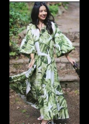 Новое хлопковое платье миди тропический принт h&m  натуральное платье ярусы баллон пальмовые листья