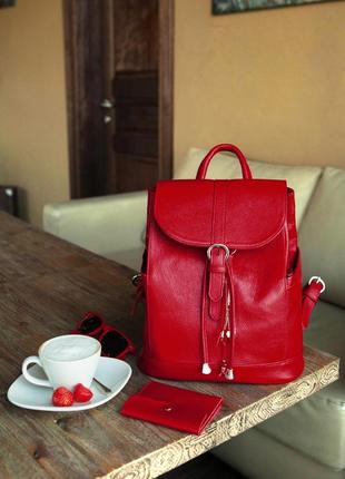 Шикарний жіночий рюкзак на шнурку і клапані червоний ручна робота, натуральна шкіра2 фото