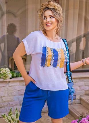 Большие размеры 💜 60 58 56 р 54 52 50 батал костюм лето набор комплект женский шорты блузка блуза футболка летний5 фото