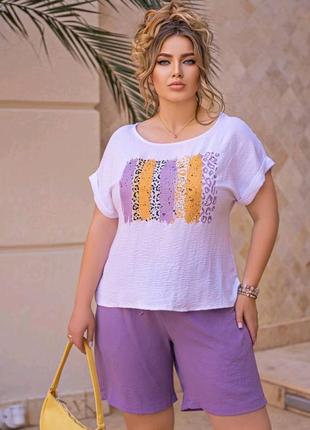 Большие размеры 💜 60 58 56 р 54 52 50 батал костюм лето набор комплект женский шорты блузка блуза футболка летний4 фото