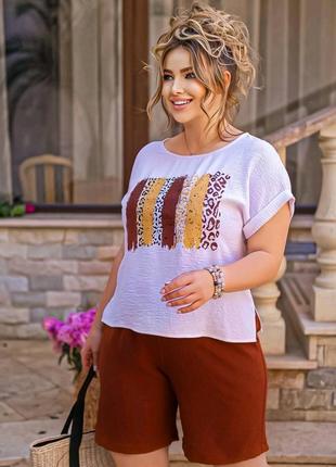 Большие размеры 💜 60 58 56 р 54 52 50 батал костюм лето набор комплект женский шорты блузка блуза футболка летний8 фото