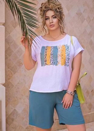 Большие размеры 💜 60 58 56 р 54 52 50 батал костюм лето набор комплект женский шорты блузка блуза футболка летний7 фото