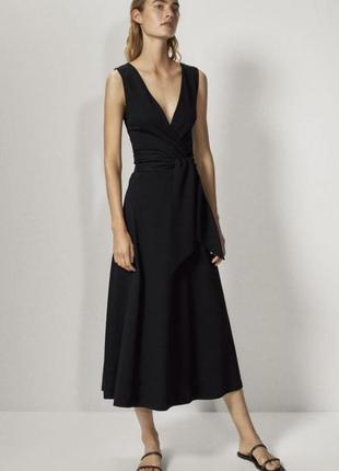 Длинное черное платье с v-образным вырезом под пояс, длинное платье макси из новой коллекции massimo dutti размер l