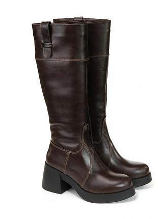 Скидка зимние женские кожаные коричневые сапоги на устойчивом каблуке натуральная кожа