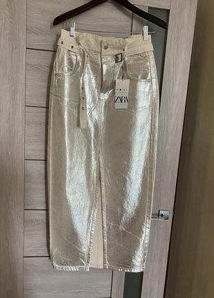 Трендовая юбка миди zara металлик