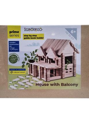 Деревянный конструктор "домик с балконом" igroteco 900248, 136 деталей