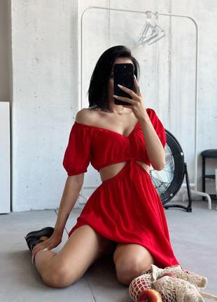 Красное легкое льняное платье из 100% льна 3 цвета