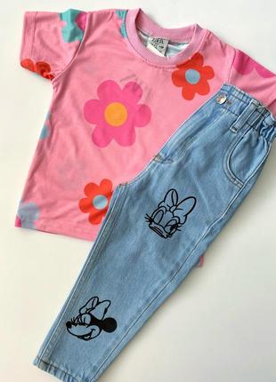 Летний комплект для девочек zara, розовая футболка zara, шорты zara, комплект в цветочный принт 98, 104, 110, 116, 1285 фото