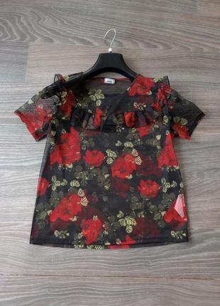 Блузка сеточка, черная с красными цветами