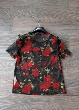 Блузка сеточка, черная с красными цветами2 фото