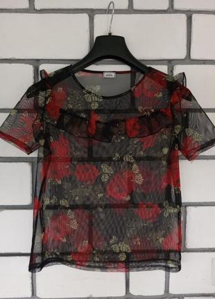 Блузка сеточка, черная с красными цветами3 фото