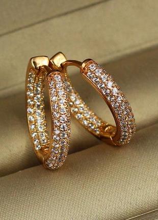 Серьги xuping jewelry выпуклые колечки с камнями спереди и сзади 2 см золотистые