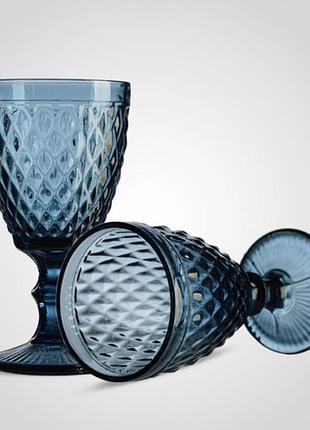 Набір келихів для вина із кольорового скла glassware 6 шт 300 мл синій (дрібний ромб) 1760с