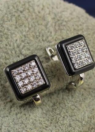 Серьги  xuping jewelry окошко с черной керамикой  10 мм серебристые