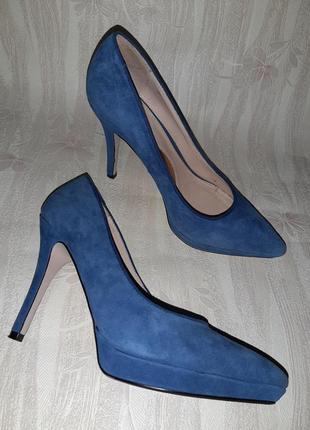 Сині туфлі човники під замш на підборах