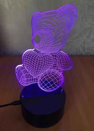 Акриловий світильник нічник ведмедик з серцем teddy bear love heart 3d creative visualization lamp4 фото