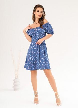 Синее цветочное платье с открытыми плечами2 фото