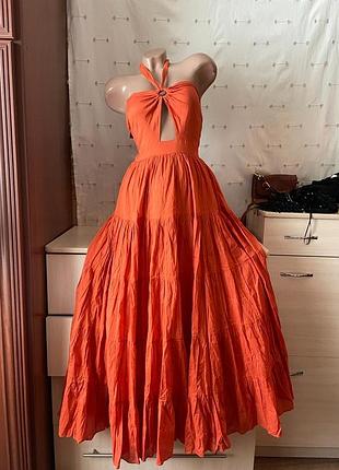 Длинный котоновый сарафан с вырезом с открытой спинкой maxi платье