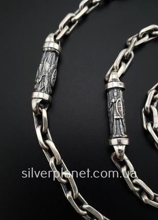 Мужская серебряная цепочка якорь с православными вставками архангел михаил. якорная цепь 55 см серебро 9254 фото
