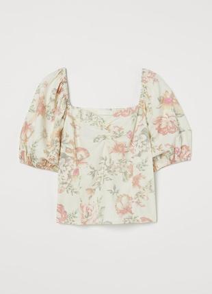 Льняний топ блуза з пишним рукавом h&amp;m топ в цветочный принт льняной топ блуза