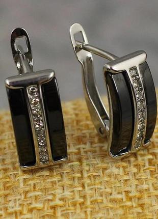 Сережки xuping jewelry краватка з чорною керамікою 1.6 см сріблясті2 фото