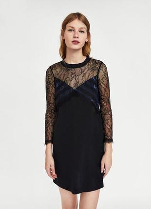 Черное короткое платье платье с кружевом от зара zara, s/m