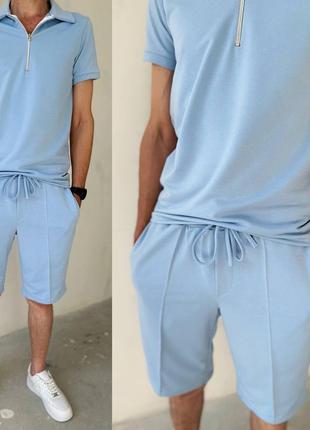 Костюм з шортами чоловічий легкий літній базовий на літо повсякденний синій білий...