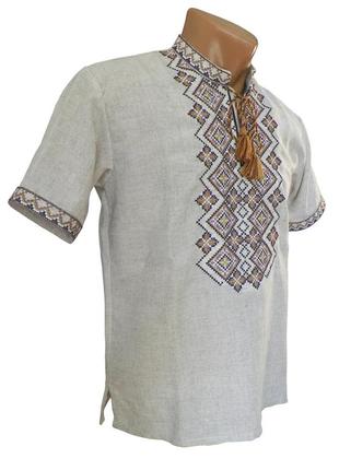 Рубашка вышиванка для мальчика белый лен синяя вышивка 116 - 1343 фото