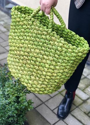 Велика зелена, солом'яна плетена пляжна сумка-кошик1 фото