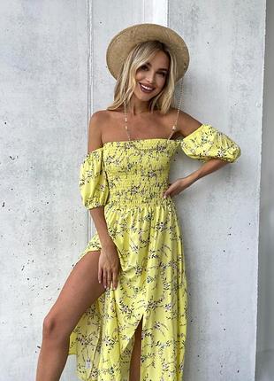 Платье-макси с жаткой на груди желтый принт l