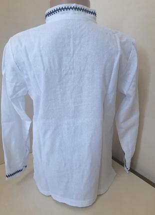 Рубашка вышиванка для мальчика белый лен синяя вышивка 140 146 152 158 1646 фото