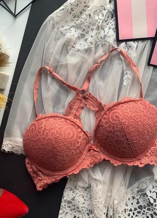 👙портясающий кружевной розовый бюстгальтер/коралловый лифчик с переплётом на спинке👙