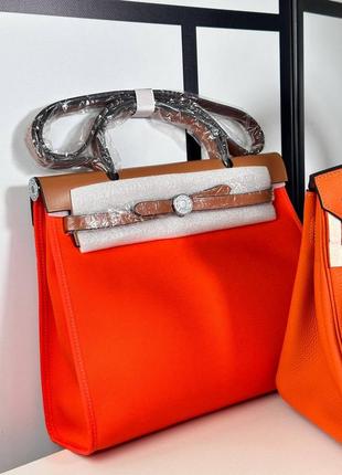 Сумка женская оранжевая брендовая ткань кожа текстиль в стиле erме hermes1 фото