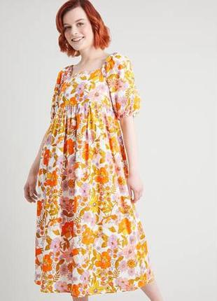 Яркое цветочное натуральное хлопковое платье-миди с объемными руквами/платье-миди2 фото