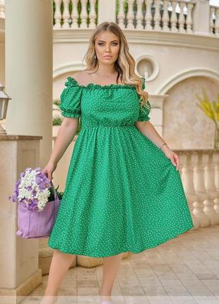 Платье женское миди средней длины летнее, приталенное, со спущенным плечом, батал, зеленое