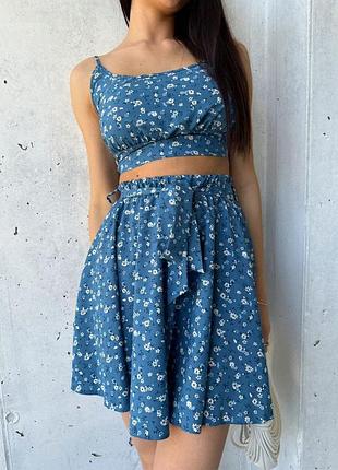 Костюм летний топ укороченный на тонких бретельках по спинке на шпульной резинке юбка мини ,,солнцеклеш,, талия на резинке под поясок ткань софт